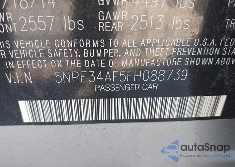 2015 Hyundai Sonata Sport z USA, uszkodzony, nr VIN 5NPE34AF5FH088739